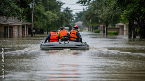 Fototapeta Naklejka Na Ścianę i Meble -  Emergency rescue team navigates flooded streets in a small boat, showcasing brave responders in action during a serious natural disaster in an urban setting.