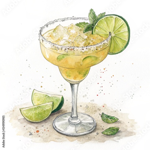 Hand-Painted Margarita with Lime and Mint on White Background. Cocktail with lime. Watercolor painting depicting a refreshing margarita garnished with lime and mint.