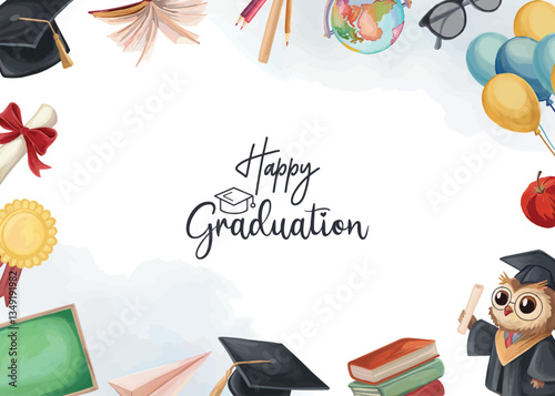Graduation background with educational elements Academic hat books diploma geographical globe