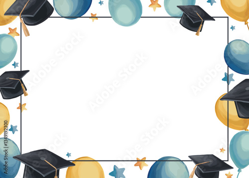 Graduation background frame with academic hat colorful balloons and decorations