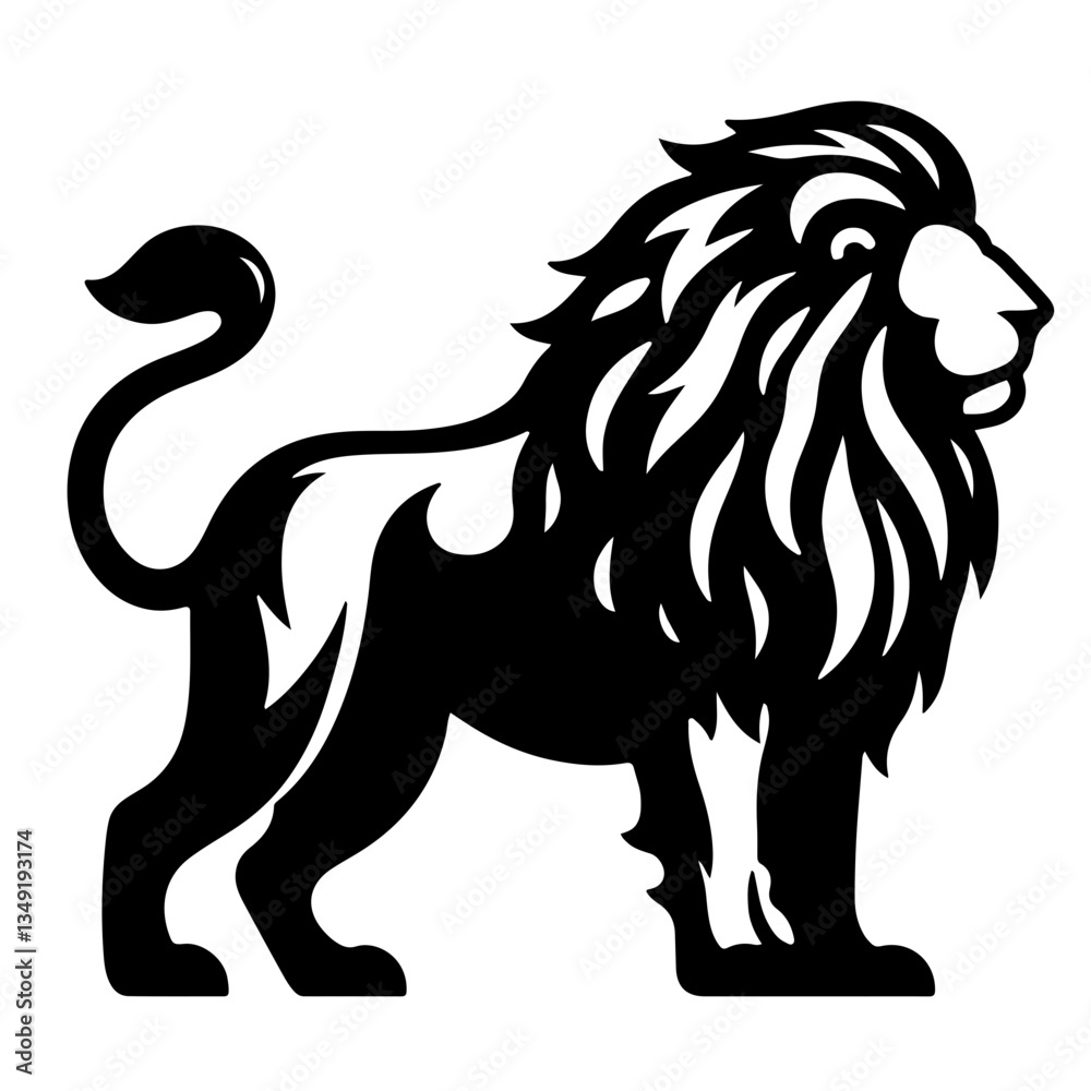 Silhouette lion logo, majestic mane, stylized black and white, profile view, strong pose, graphic design, minimalist, bold lines, sleek contours, regal appearance, iconic symbol, vector art style. Silhouette lion logo, majestic mane, stylized black and white, profile view, strong pose, graphic design, minimalist, bold lines, sleek contours, regal appearance, iconic symbol, vector art style.