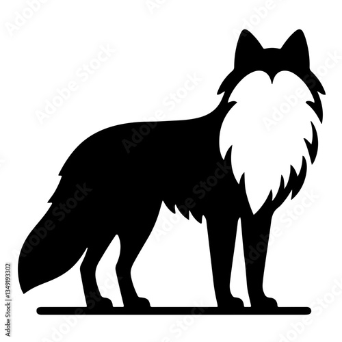 Silhouette, wolf, standing, side view, black and white, graphic design, sharp contrast, stylized, sleek, detailed fur texture, pointed ears, bushy tail, majestic pose, vector art, minimalist