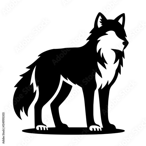 Silhouette, wolf, standing, side view, black and white, graphic design, sharp contrast, stylized, sleek, detailed fur texture, pointed ears, bushy tail, majestic pose, vector art, minimalist