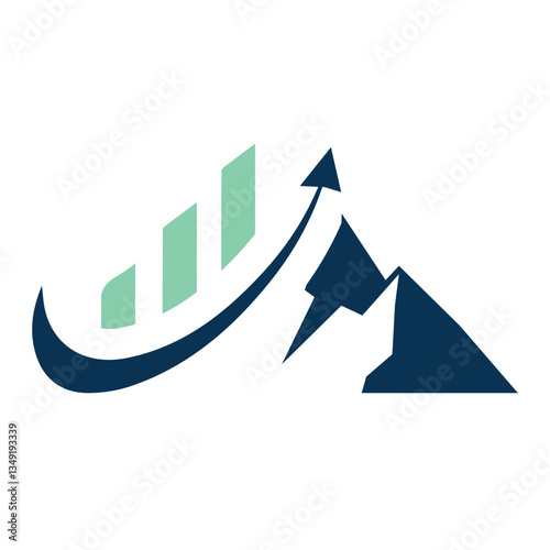 The image shows a flat logo design of a mountain with an upward trend arrow and graph bar. The logo looks clean and sharp on a white background and can be used for business statistics related purposes