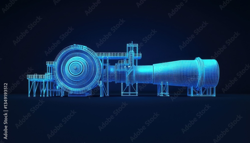 A 3D wireframe model of a large industrial machine, displayed against a dark background, showcasing intricate details and a futuristic design.