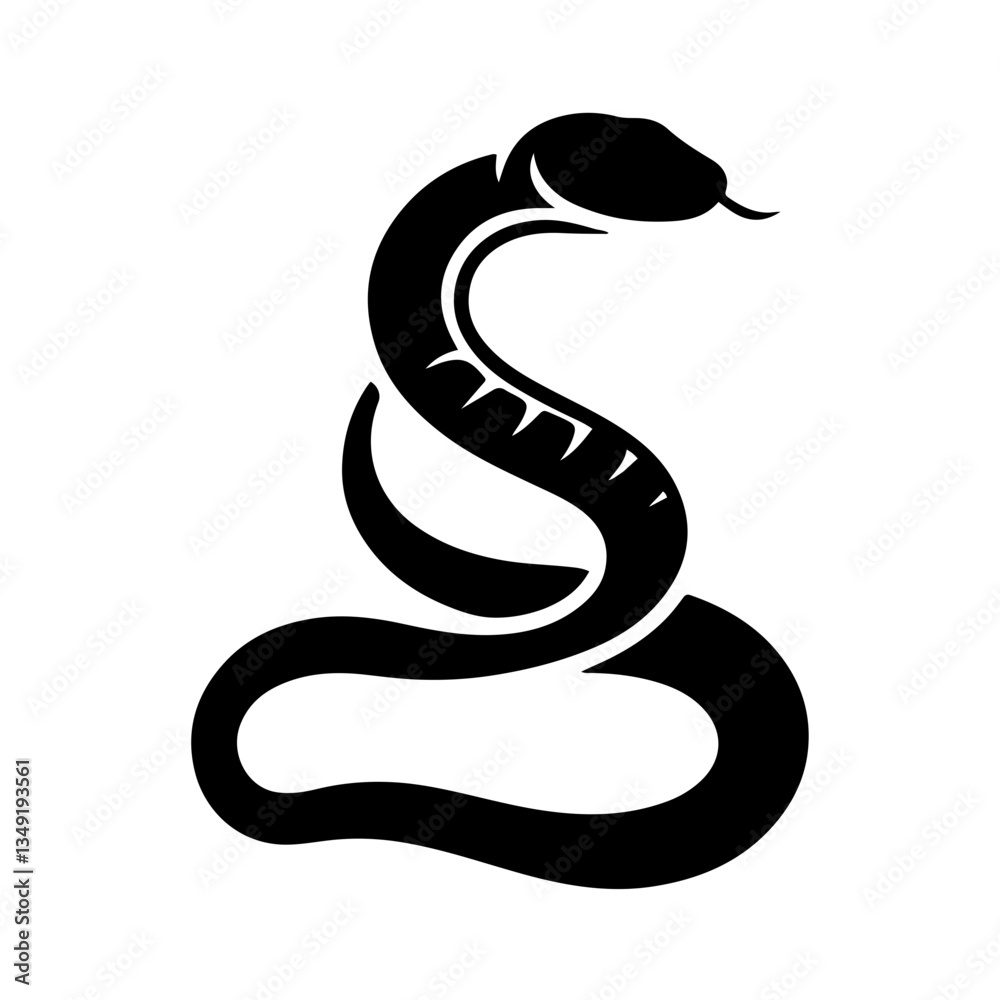 Fototapeta premium Minimalist snake icon, black and white graphic, curved S shape, sleek silhouette, simple design, bold contrast, negative space, modern logo, streamlined serpent, abstract representation, clean lines.
