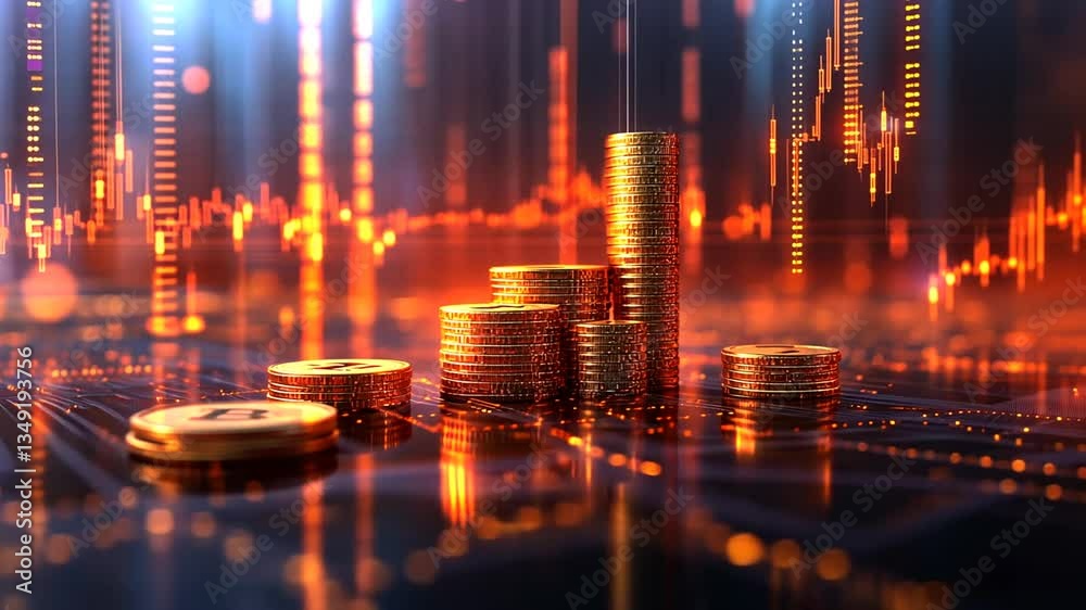 Illuminated golden cryptocurrency coins with financial chart background animation