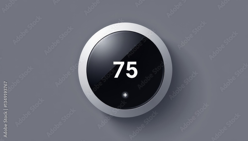 Smart Thermostat Displaying 75 Degrees on Gray Background Smart Thermostat Displaying 75 Degrees on Gray Background