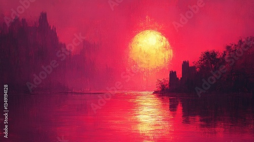 Crimson Sunset over Silhouetted Island Lake