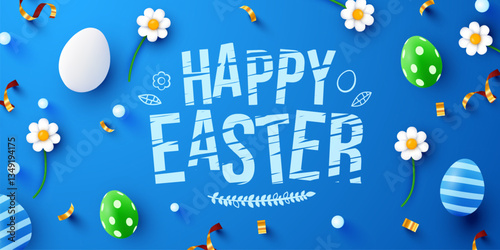 Easter poster and banner template with Easter eggs and flowers on light blue background. Promotion and shopping template for Easter.