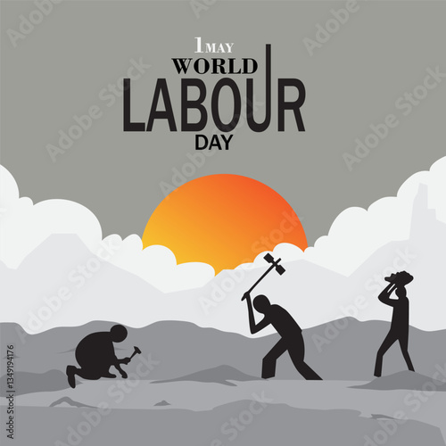 1st May World Labour Day Design – Minimalist Grey Background with Sunset, Silhouetted Workers Using Tools, Celebrating Workforce Rights and Hard Work in Industrial and Rural Sectors