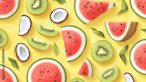 Fresh and Vibrant Tropical Fruits Composition Featuring Watermelon, Kiwi, and Coconut Against a Bright Yellow Background Ideal for Summer Themes and Healthy Lifestyle Promotion