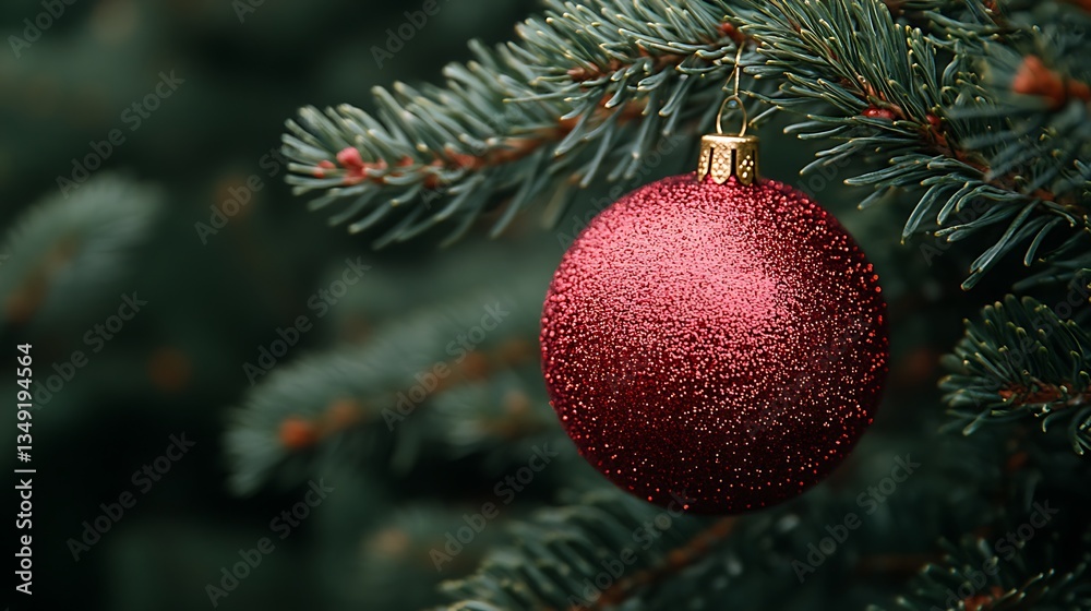 Red bauble hanging on a pine tree branch. Red bauble hanging on a pine tree branch.