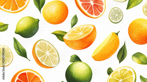 Vibrant and Colorful Citrus Fruits Pattern with Oranges, Limes, Lemons, and Grapefruits Illustrating Freshness and Natural Beauty on a White Background