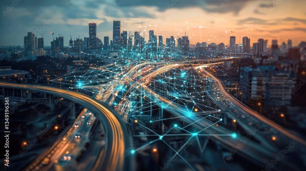 Fototapeta premium Smart City: Connected Urban Landscape at Dusk