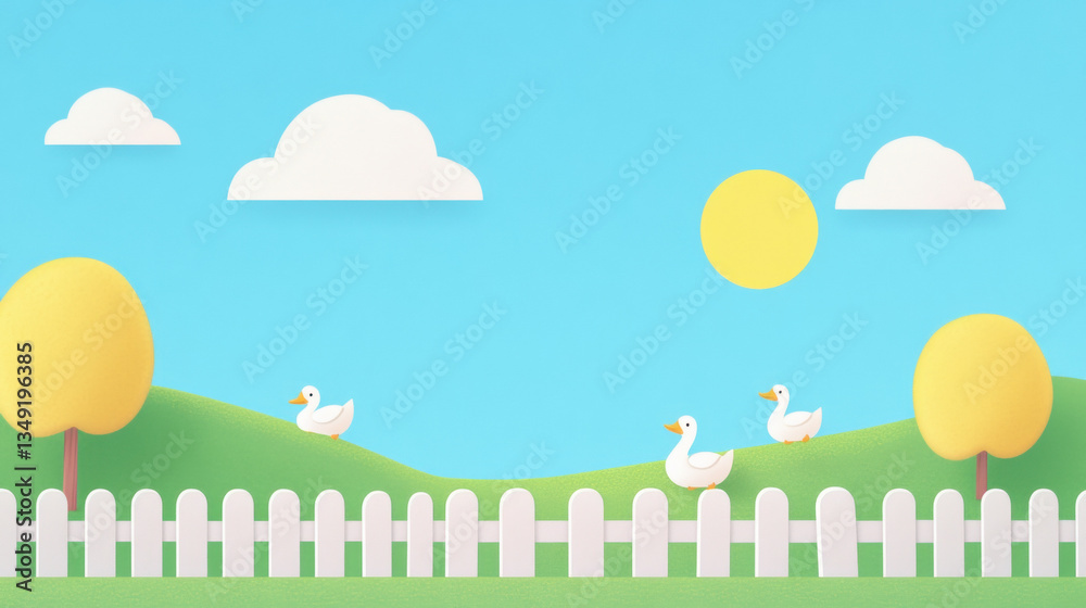 Duck farm, A colorful, whimsical illustration of ducks by a fence under a bright sun and fluffy clouds.