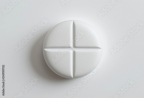 Close-up of White Round Pill with Score Marks on White Surface
