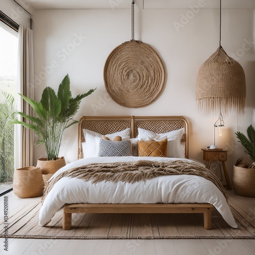 Chambre parentale avec décoration de style Boho chic. Generated image