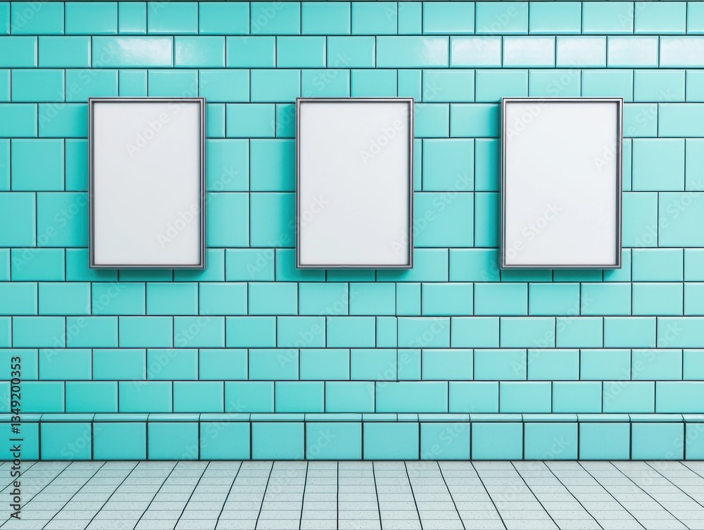 Modern Minimalist Gallery with Empty Frames against Aqua Wall Modern Minimalist Gallery with Empty Frames against Aqua Wall