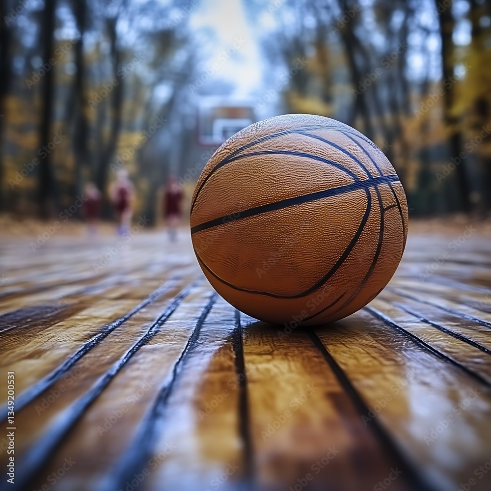 Rainy autumn basketball court; game in progress Rainy autumn basketball court; game in progress