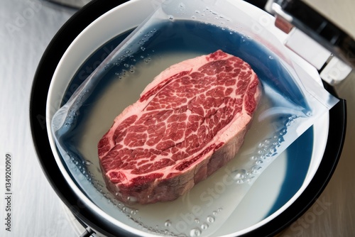 Steak cooking sous vide in a water bath with careful temperature control and vacuum seal