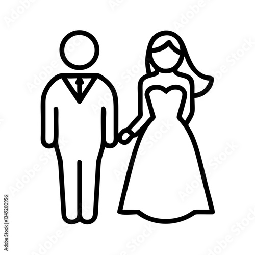 black outline wedding couple icon with groom in suit and bride in gown holding hands representing marriage ceremony love and commitment