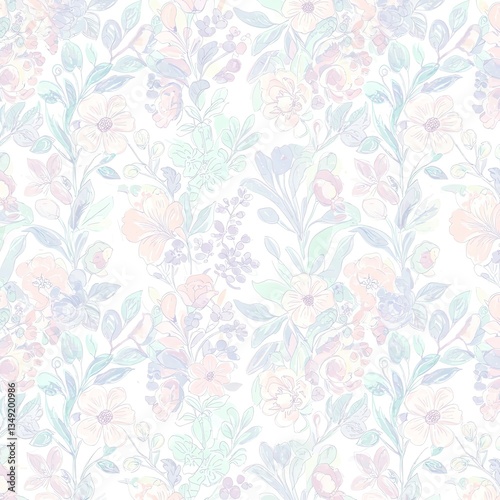 Seamless floral pattern with hand-drawn flowers and leaves, soft pastel colors, elegant and decorative design on a white background