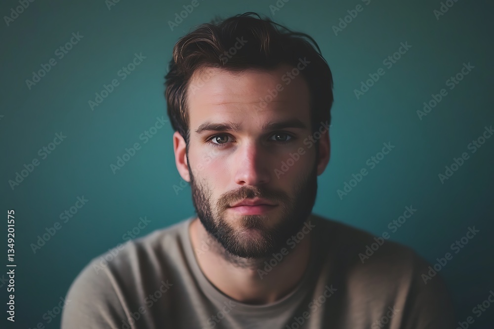 A pensive young man with a neatly trimmed beard gazes intently into the camera against a muted teal backdrop. A pensive young man with a neatly trimmed beard gazes intently into the camera against a muted teal backdrop.