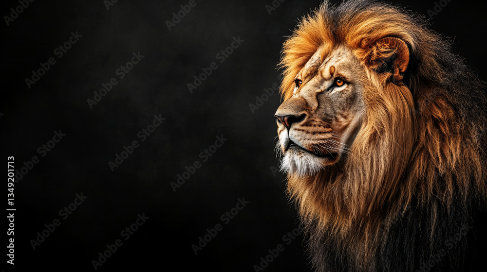 Fototapeta premium Majestic lion portrait with dramatic lighting on black background, powerful male lion with thick mane, wildlife photography, African safari theme, strength and leadership concept