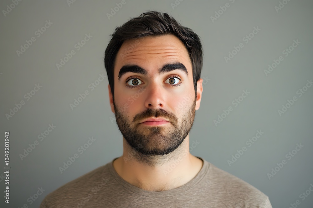 Fototapeta premium A young man with a curious expression, his dark eyes wide with wonder, against a muted gray backdrop.