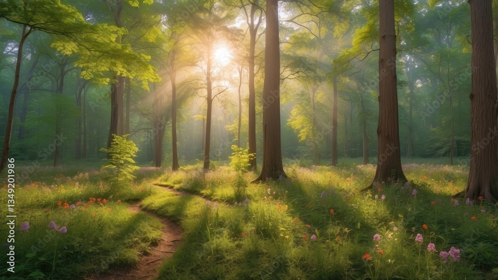 Obraz premium A lush, sun-dappled forest floor.