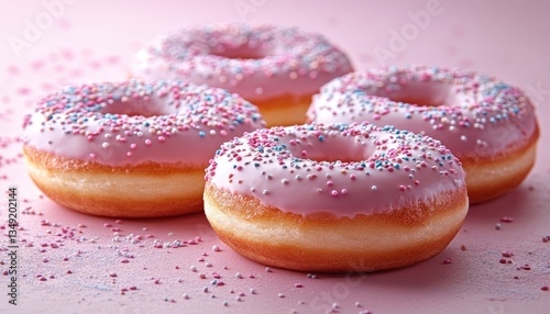 Pink donuts with sprinkles on pink background. Perfect for bakery, dessert, or sweet food concepts.