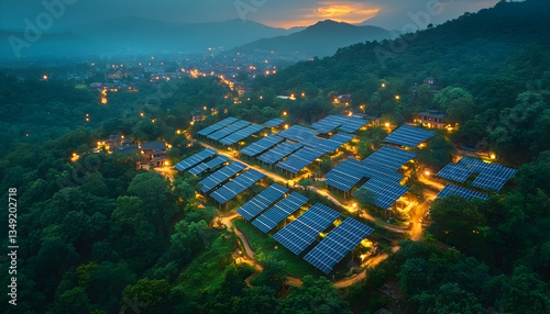 Night aerial view of solar panels nestled in a lush green hillside town