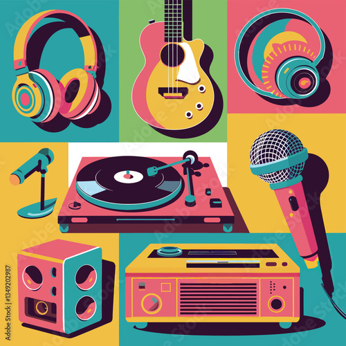 2d vector illustration icon cool entertainment cartoon character  music tools (Drum , Music Note , Headphones ,Microphone , Piano , Guitar ,Record) 
