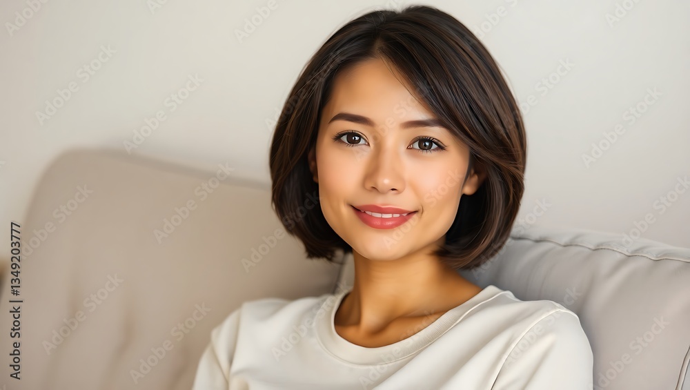 Portrait of a Short-Haired Woman Sitting on a Sofa Portrait of a Short-Haired Woman Sitting on a Sofa