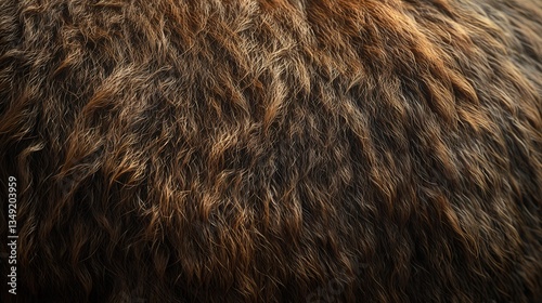 a detailed 3D visualization of shaggy bison fur, with thick, coarse brown strands, tangled natural layers, and rugged textures.