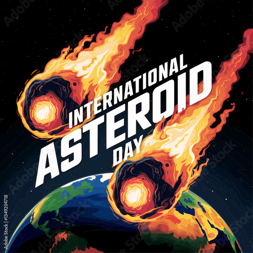 International asteroid day illustration with meteorites impacting earth and space background design concept