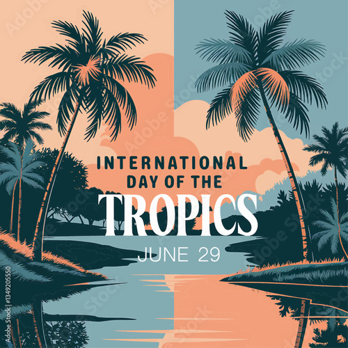 International day of the tropics june twenty ninth palm trees tropical climate awareness poster design