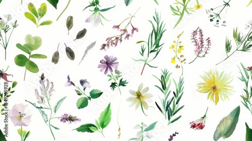 Wallpaper Mural Charming Hand - Drawn Vector Watercolor Set: Herbs, Wildflowers, and Spices for a Rustic Touch Torontodigital.ca