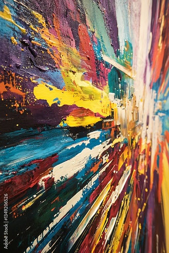 Explosive abstract acrylic painting representing a colorful cityscape, perfect for dynamic wall art or as a centerpiece in modern interior design projects.