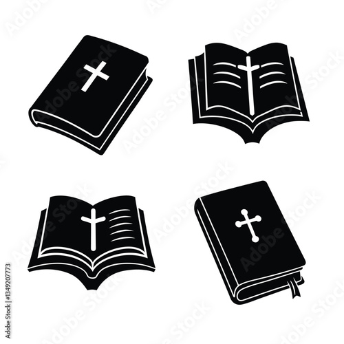 Holy Bible, Silhouette of a closed Bible with a cross on the cover, on a plain white background