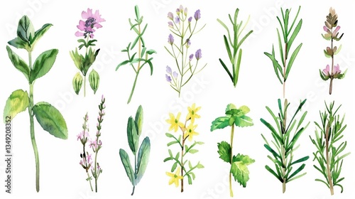 Wallpaper Mural Charming Hand - Drawn Vector Watercolor Set: Herbs, Wildflowers, and Spices for a Rustic Touch Torontodigital.ca