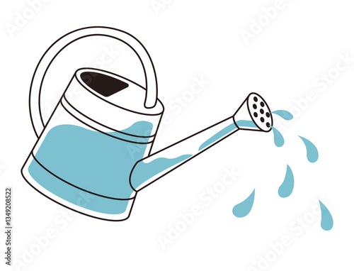 A garden watering can that pours drops of water. A garden tool in the doodle style. Vector illustration isolated on a white background