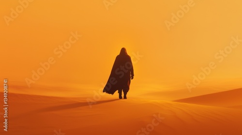 Mysterious figure in a dark cloak walking alone across golden sand dunes during sunset in an expansive desert landscape, evoking feelings of solitude and adventure