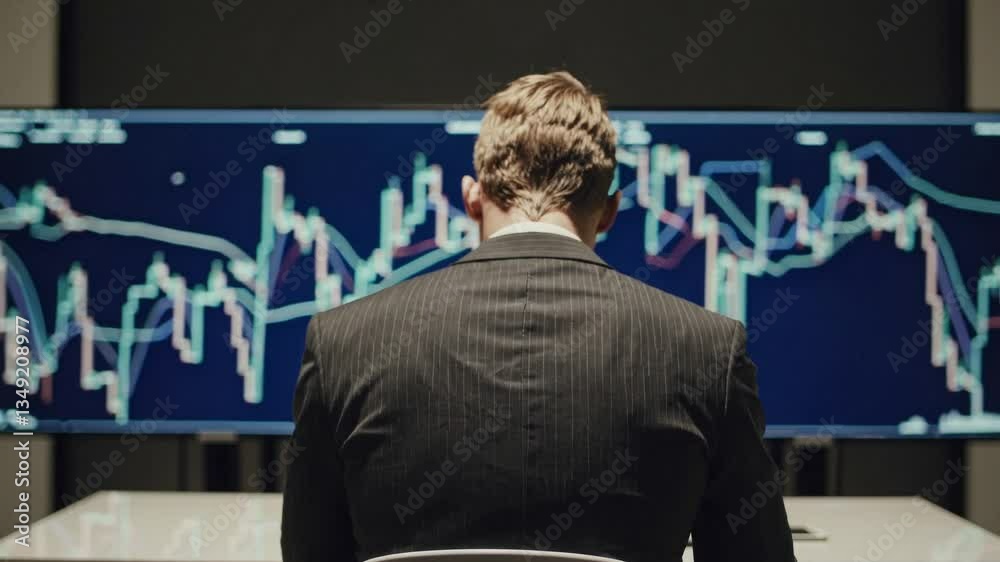 Looped video of a stock trader sitting at desk analyzing financial charts on large digital screens in trading room Looped video of a stock trader sitting at desk analyzing financial charts on large digital screens in trading room