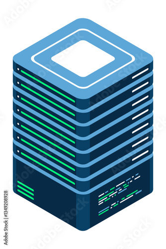 Isometric server. Network server. 3D computer equipment. Storage database. Isometric technology. Vector illustration