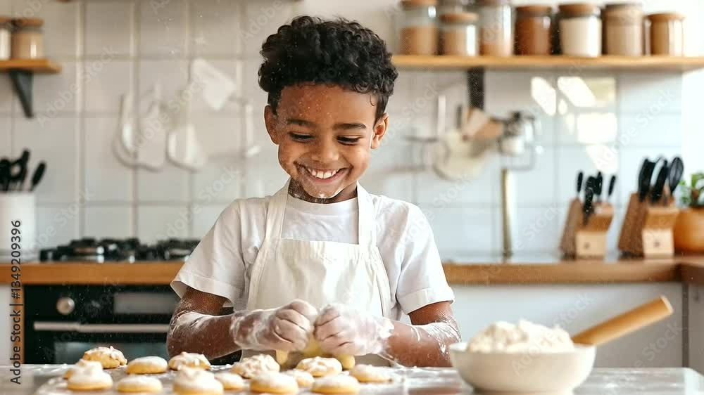 1_A boy baking cookies with a smile in a warm kitchen 1_A boy baking cookies with a smile in a warm kitchen