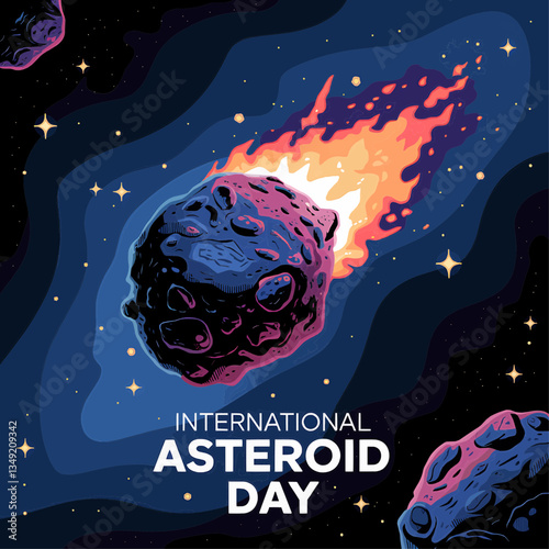 International asteroid day illustration featuring burning asteroid in space with stars and dark background