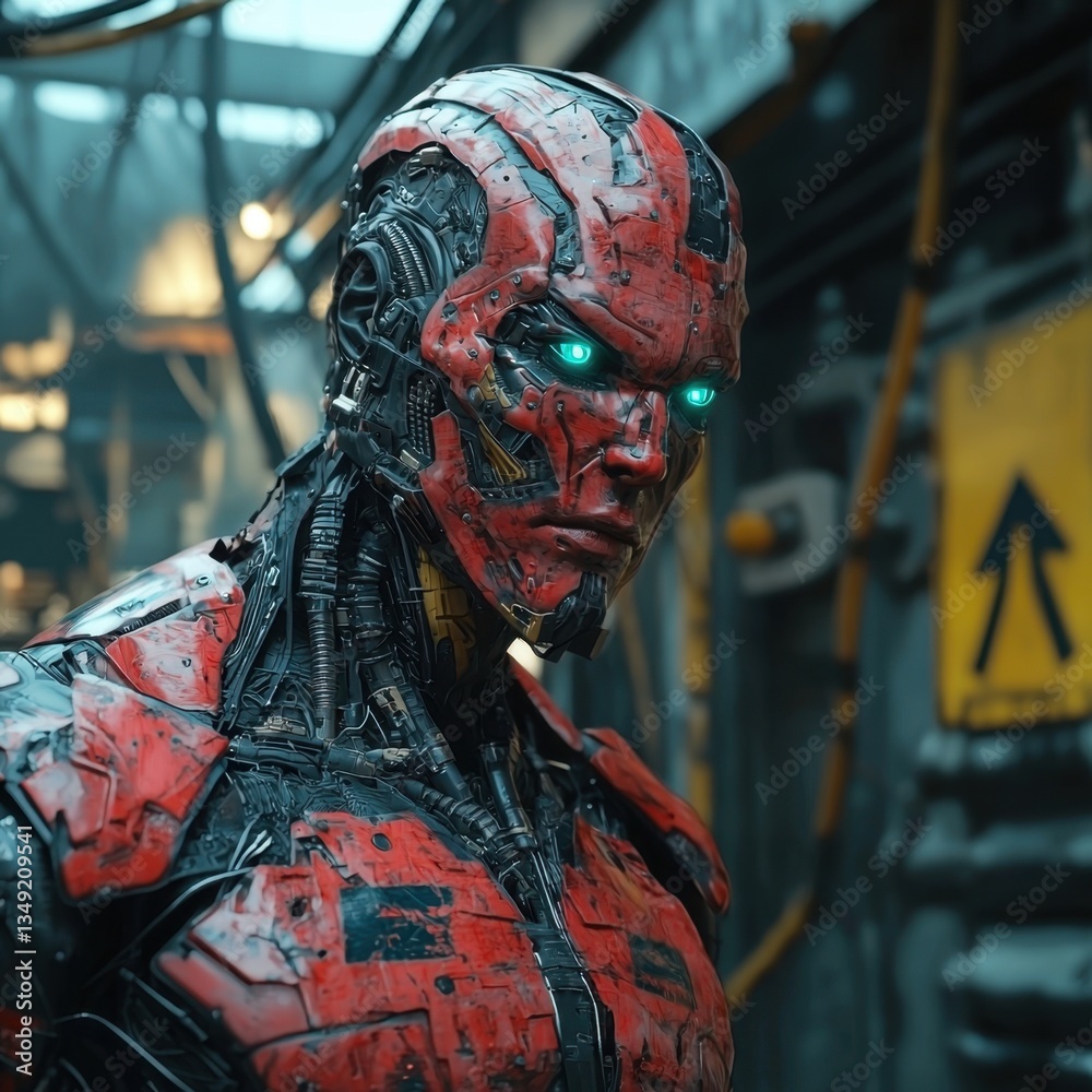 Obraz premium A futuristic robot with red armor and glowing blue eyes stands in a dimly lit industrial setting, showcasing advanced technology and artistry.