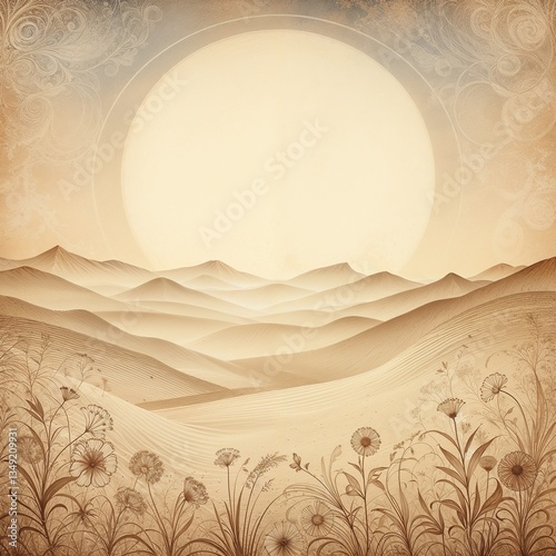 Vintage paper background with landscape illustration in sepia 